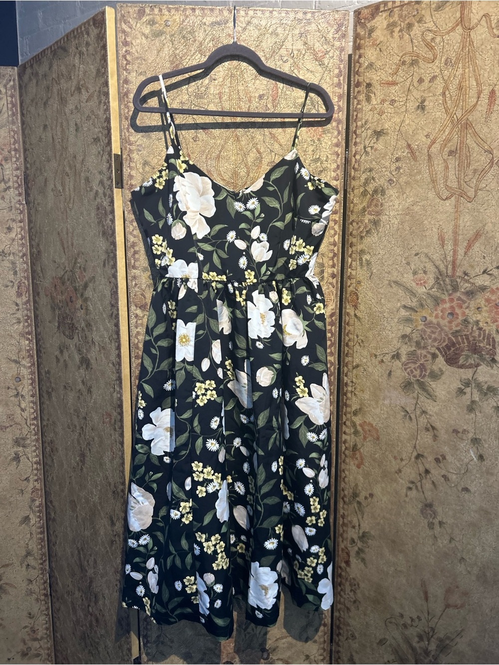 Old Navy Black Floral Midi Dress with White & Green Accents